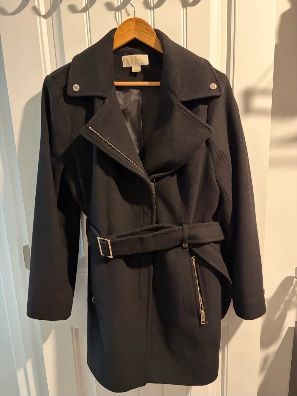 Michael Kors Black Belted Winter Wool Coat with Asymmetric Zip